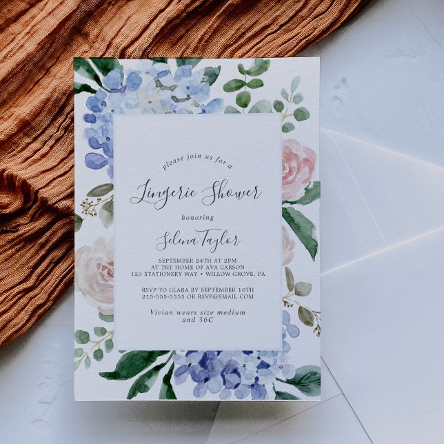 Invitación Elegante Hydrangea Azul | Ducha Blanca Lingerie (Subido por el creador)