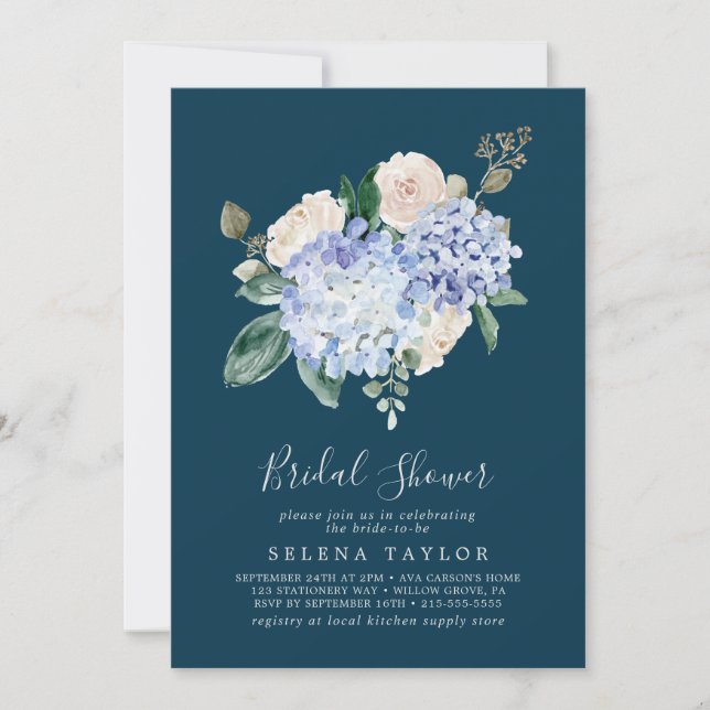 Invitación Elegante Hydrangea Azul | Ducha nupcial de la Mari (Anverso)