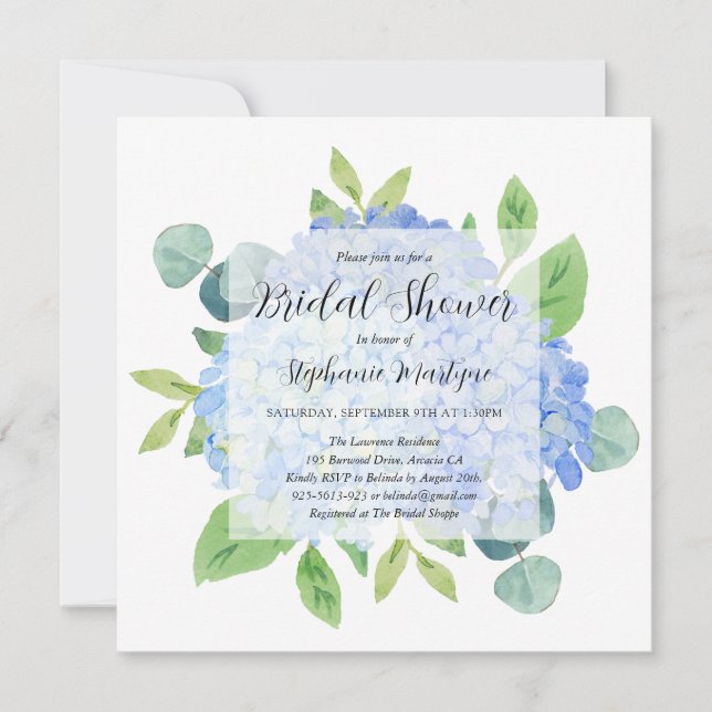 Invitación Elegante Hydrangea Azul Eucalyptus Ducha Bridal (Anverso)