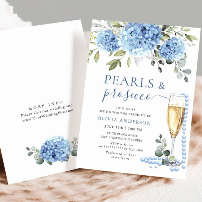Invitación Elegante Hydrangea Azul Floral PEARLS & Prosecco (Subido por el creador)