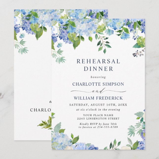 Invitación Elegante Hydrangea Azul Floral REHEARSAL CENA (Anverso / Reverso)