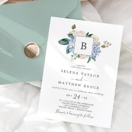 Invitación Elegante Hydrangea Azul | Monograma blanco Boda