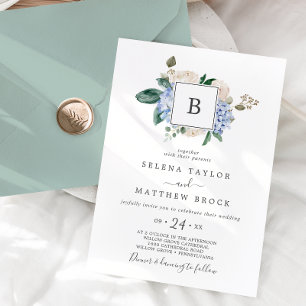 Invitación Elegante Hydrangea Azul   Monograma blanco Boda