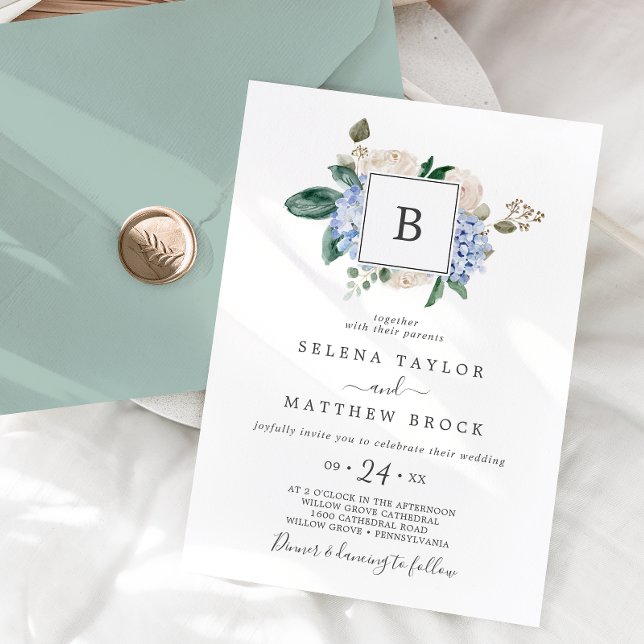 Invitación Elegante Hydrangea Azul | Monograma blanco Boda (Subido por el creador)