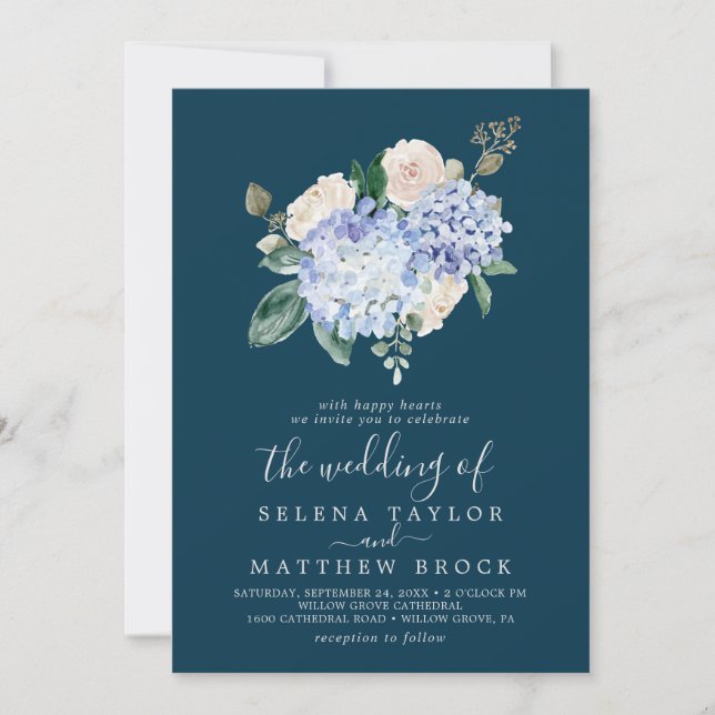Invitación Elegante Hydrangea Azul | Naval El Boda de (Anverso)