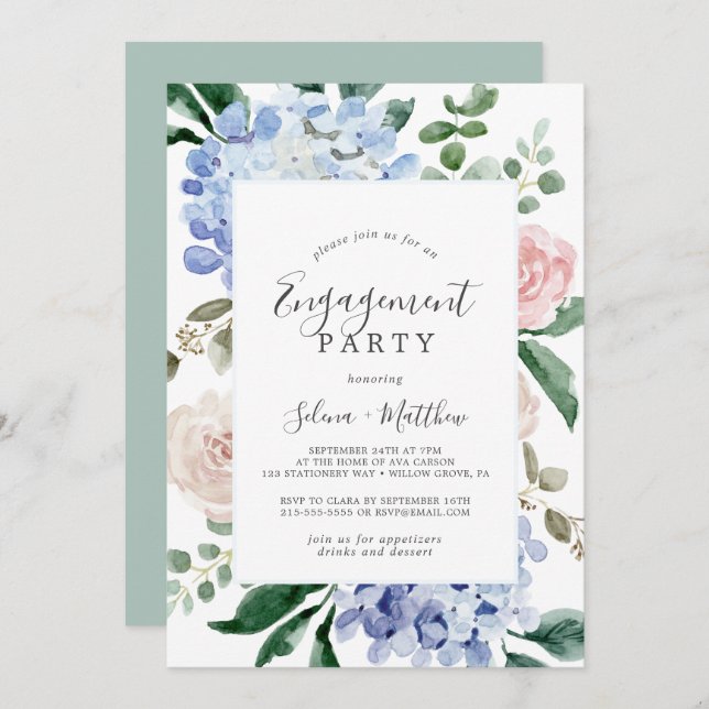 Invitación Elegante Hydrangea Azul | Partido de compromiso bl (Anverso / Reverso)