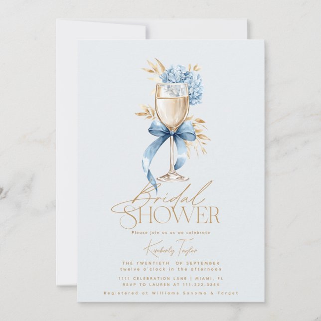 Invitación Elegante Hydrangea Azul Prosecco Lazo Despedida de (Anverso)