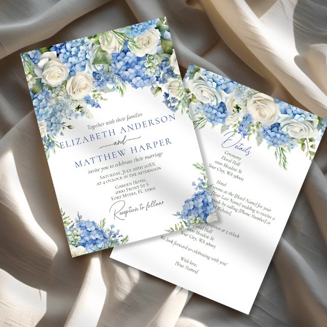 Invitación Elegante Hydrangea Azul Roses Blancas Boda Floral (Subido por el creador)