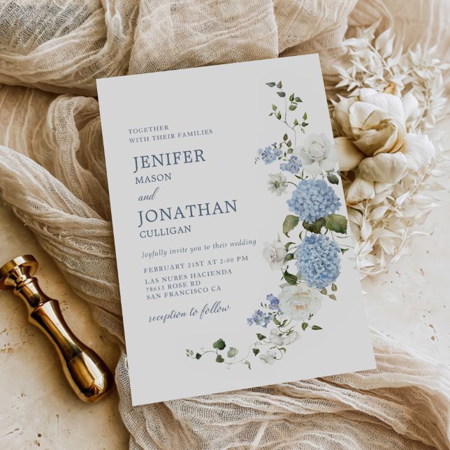 Invitación Elegante Hydrangea Azul Roses Blancas Boda Floral (Subido por el creador)