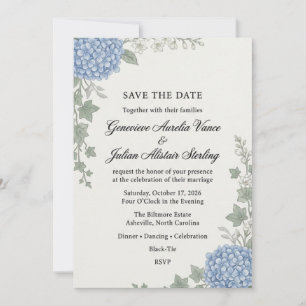 Invitación Elegante Hydrangea Azul y Hiedra Botánica Save