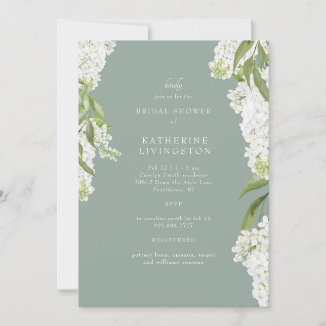 Invitación Elegante Hydrangea Blanca Oscura Sage Bridal Ducha (Anverso)