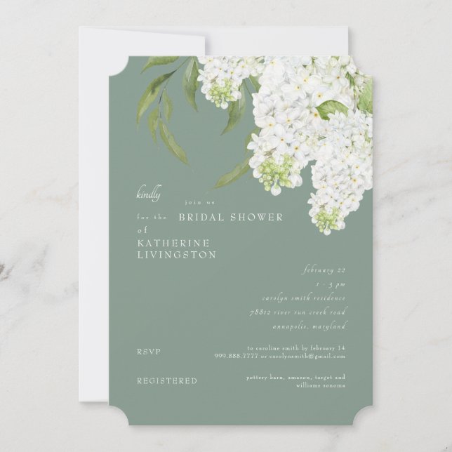 Invitación Elegante Hydrangea Blanca Oscura Sage Bridal Ducha (Anverso)