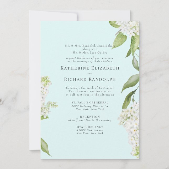 Invitación Elegante Hydrangea Blanca Seafoam contra Boda (Anverso)
