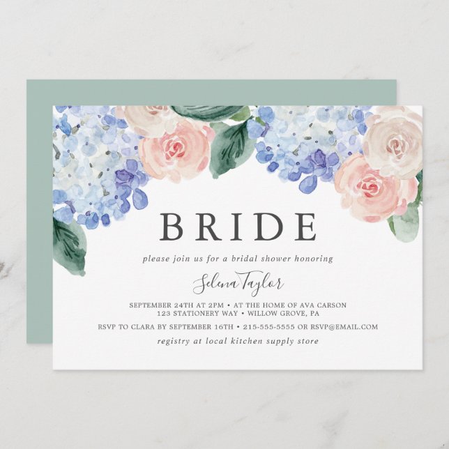 Invitación Elegante Hydrangea Brida horizontal Bride Ducha Br (Anverso / Reverso)