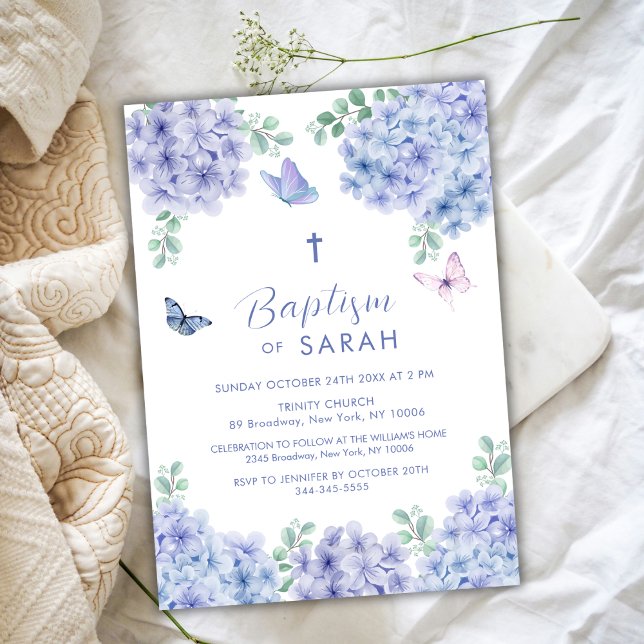 Invitación Elegante Hydrangea Flor Jardín Baptismo (Elegant Hydrangea Flower Garden Cross Baptism Invitation)