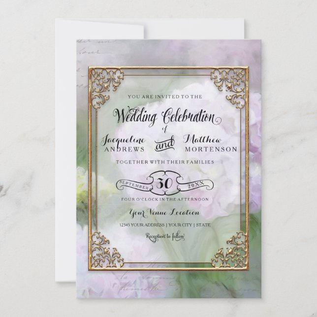 Invitación Elegante Hydrangea Flores Lavender Purple Gold (Anverso)