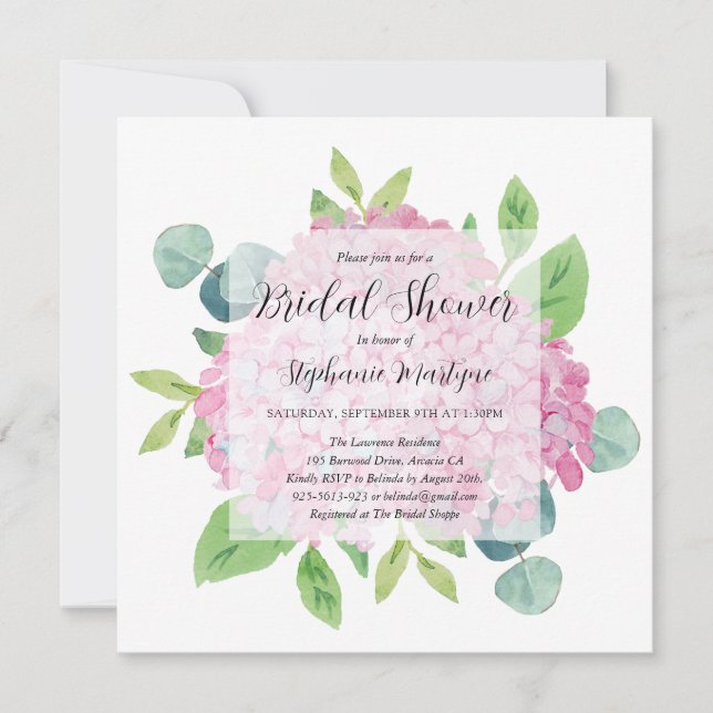 Invitación Elegante Hydrangea Rosa Eucalyptus Ducha Bridal (Anverso)