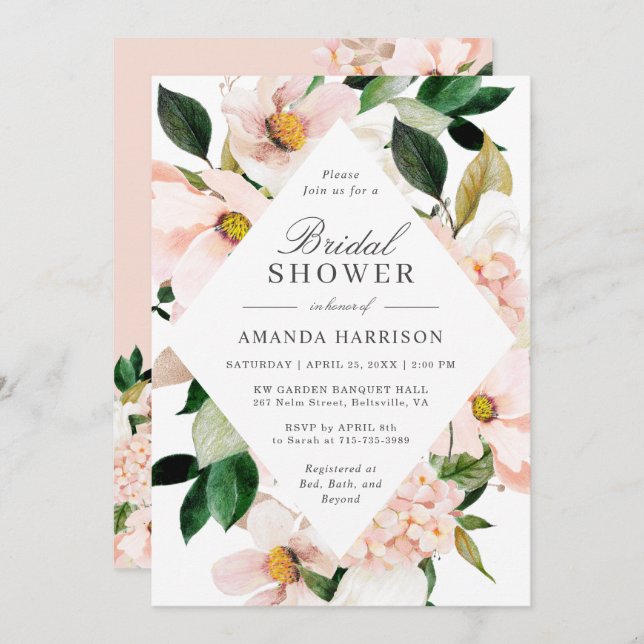 Invitación Elegante Hydrangea Rubor Floral Bridal Ducha (Anverso / Reverso)