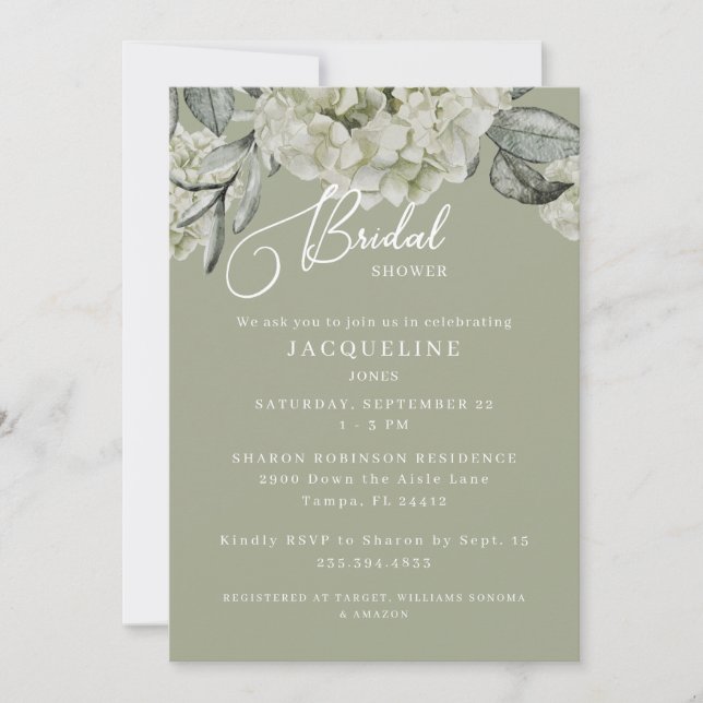 Invitación Elegante Hydrangea Sage Bridal Shower (Anverso)