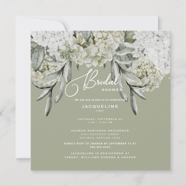 Invitación Elegante Hydrangea Sage Square Bridal Shower (Anverso)