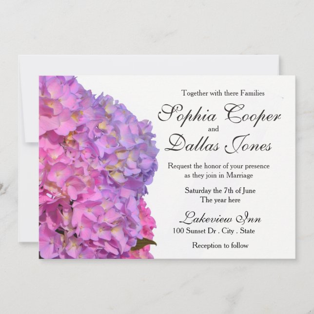 Invitación Elegante Hydrangeas Boda de flores púrpura rosa (Anverso)