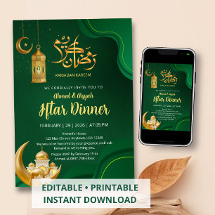Invitación Elegante Iftar de Ramadán Verde Esmeralda y Dorado