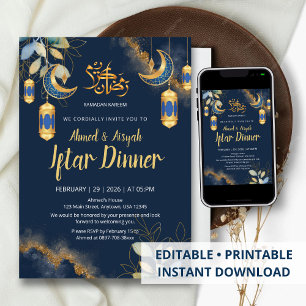 Invitación Elegante Iftar en azul marino y dorado con acuarel