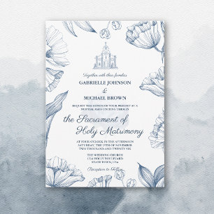 Invitación Elegante Iglesia Azul Floral Boda Masivo Nupcial