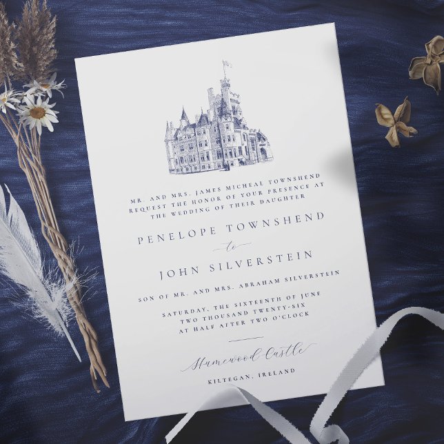 Invitación Elegante Ilustracion Castillo Boda formal (Elegant white formal wedding invitation with an illustration of a castle)