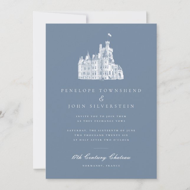 Invitación Elegante Ilustracion Château Boda Azul francés (Anverso)