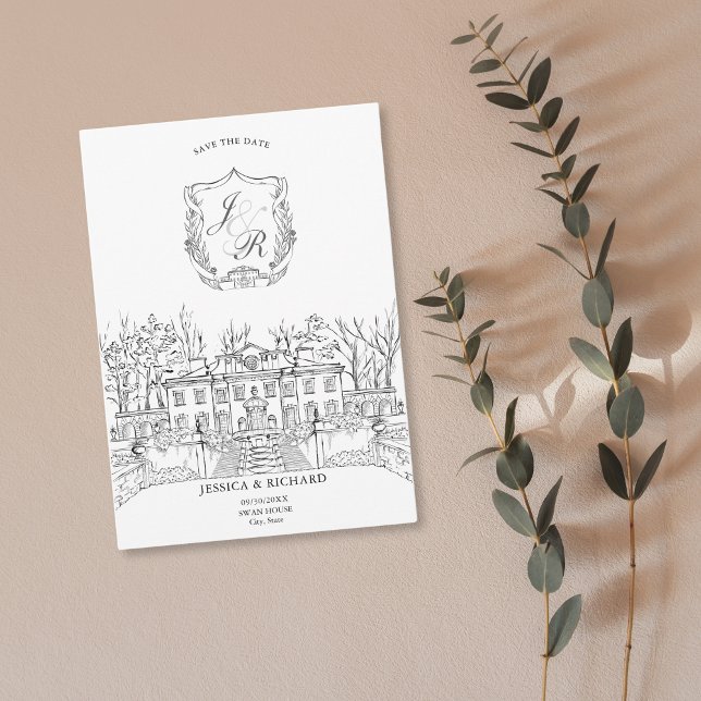 Invitación Elegante Ilustracion Chateau de la Venue con la ma (classic hand drawn wedding venue invitation, swan house usa)