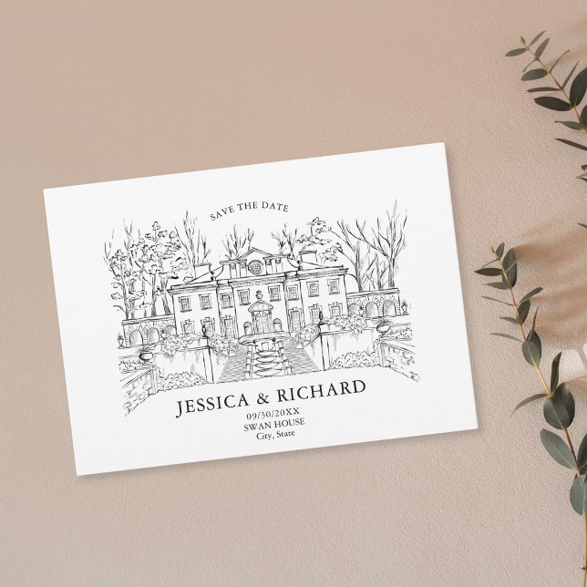 Invitación Elegante Ilustracion Chateau de la Venue con la ma (swan house wedding venue custom  illustration)
