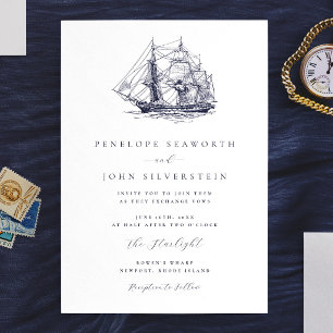 Invitación Elegante ilustración de barco náutico para boda