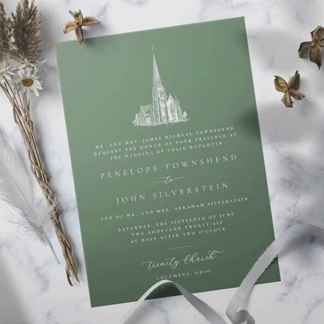Invitación Elegante Ilustracion de la Iglesia Verde Boda form (Sage green formal wedding invitation with an illustration of a church)