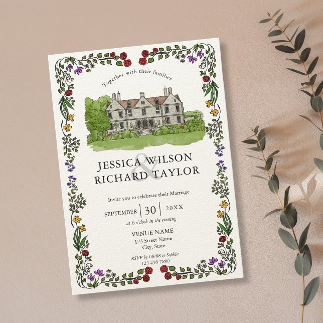 Invitación Elegante Ilustracion de la Mano de la Mano del Per (illustrated wedding mansion venue with floral frame, wedding invitation)
