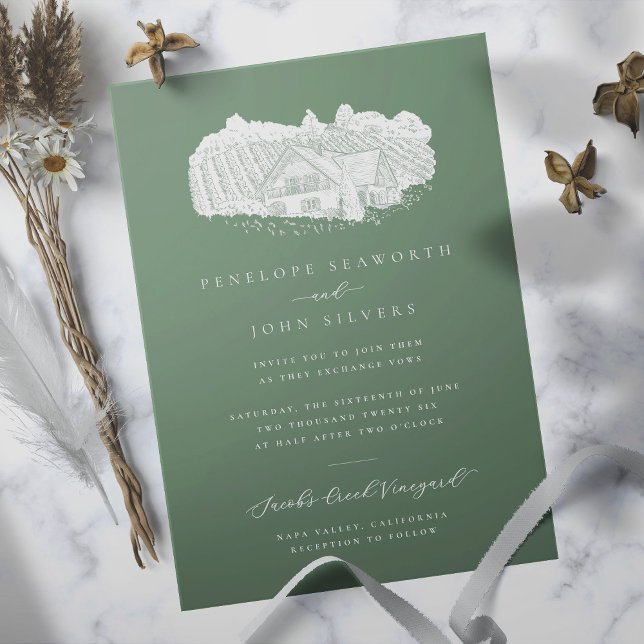 Invitación Elegante Ilustracion de viñedo Sage Green Boda (Sage green wedding invitation with an illustration of a vineyard)