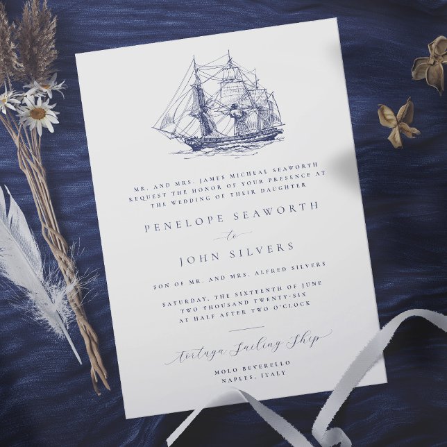 Invitación Elegante Ilustracion Náutico Boda formal (Formal wedding invitation with an illustration of a sailing ship)