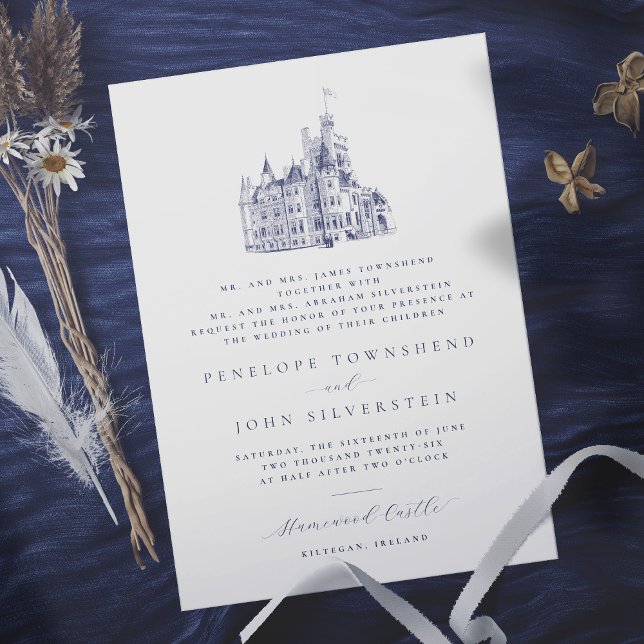 Invitación Elegante Ilustracion  Padres Anfitrión Boda (In Situ. Wedding invitation w/ vintage castle illustration, text denotes that both parents hosting)