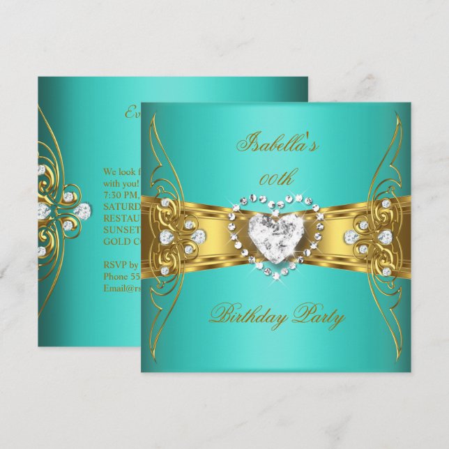 Invitación Elegante imagen de diamantes de oro azul Aqua (Anverso / Reverso)
