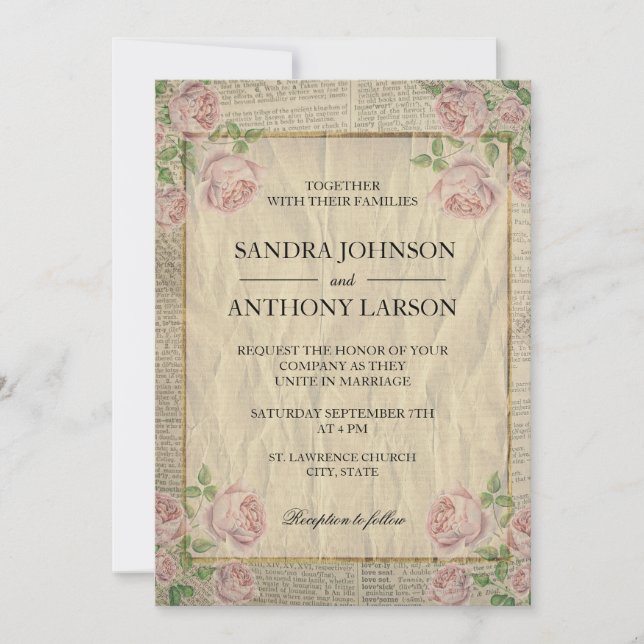 Invitación Elegante imprenta de diccionario de época con Rosa (Anverso)