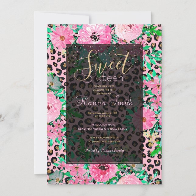 Invitación Elegante impresión de leopardo rosa y diseño flora (Anverso)