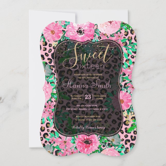 Invitación Elegante impresión de leopardo rosa y diseño flora (Anverso)