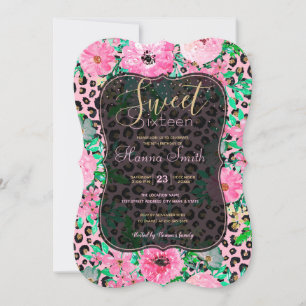 Invitación Elegante impresión de leopardo rosa y diseño flora