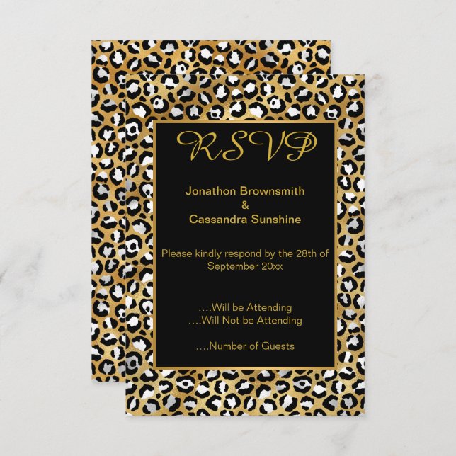 INVITACIÓN ELEGANTE IMPRESIÓN DE LEOPARO DE ORO NEGRO RSVP (Anverso / Reverso)