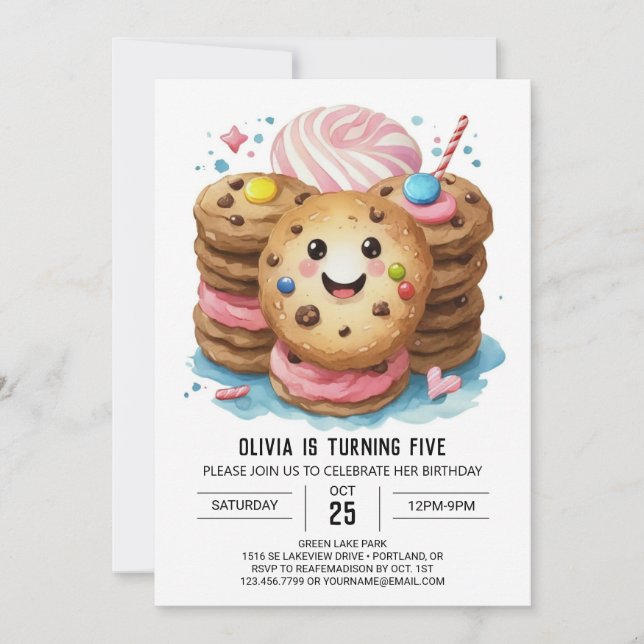 Invitación Elegante Impreso Girly Cookies Cumpleaños (Anverso)
