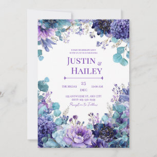 Invitación Elegante Índigo Púrpura Dorado Floral Acuarela