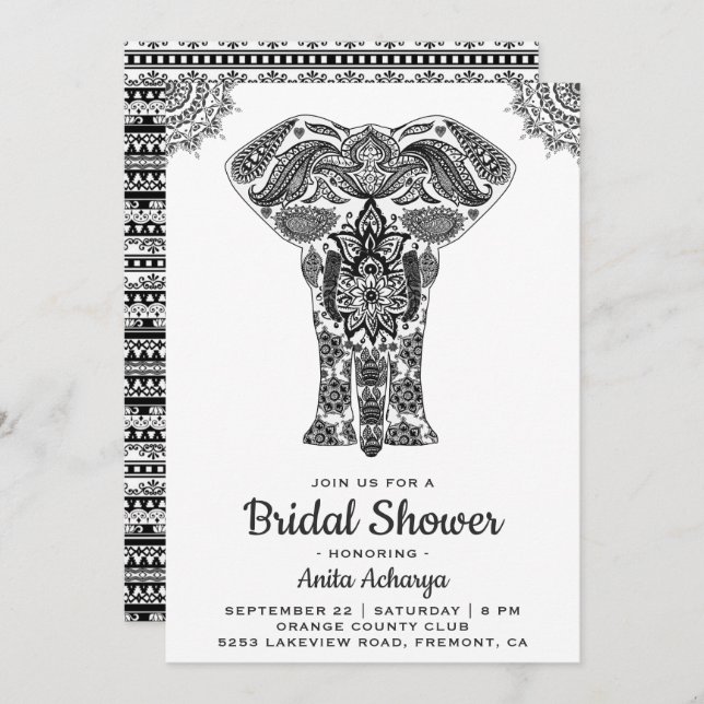 Invitación Elegante indio de Henna Elephant Bridal Shower (Anverso / Reverso)