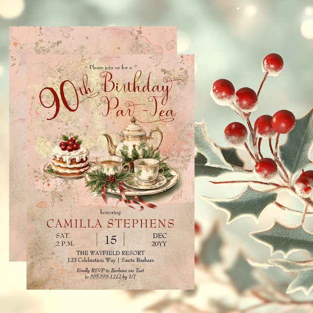 Invitación Elegante invernal 90 cumpleaños Fiesta de pera-té (Elegant Winter Floral Tea Set Holly and Berries 90th Birthday Par-Tea Party Invitation)