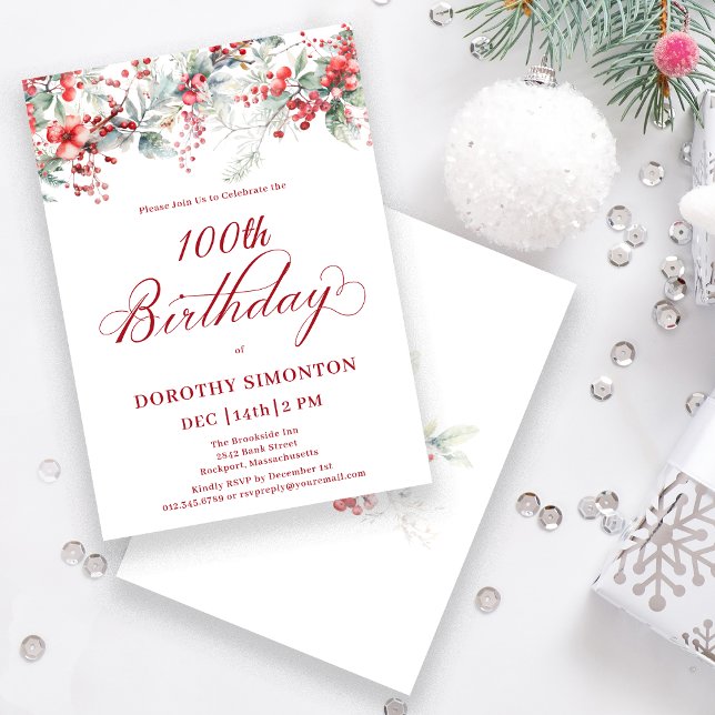 Invitación Elegante invierno Berry Botánico 100 cumpleaños (Subido por el creador)