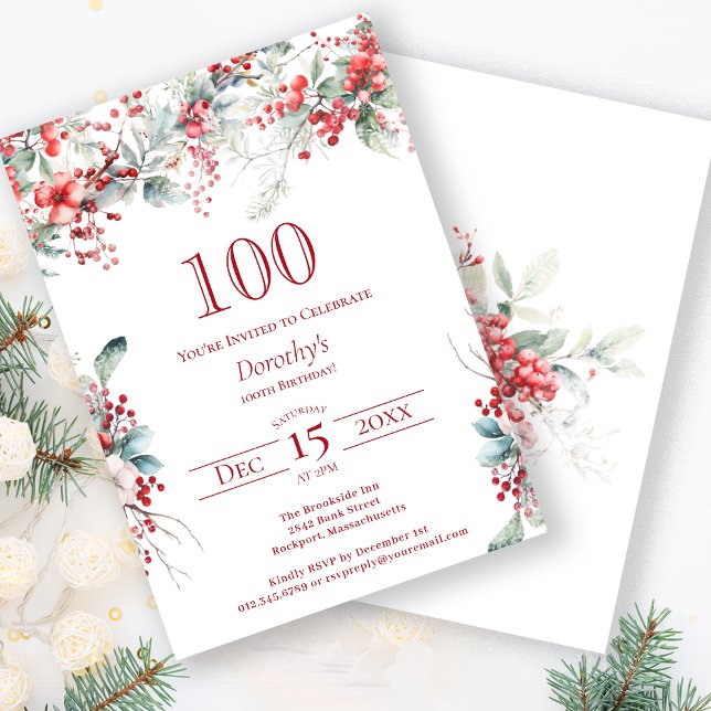 Invitación Elegante invierno Berry Botánico 100 cumpleaños (Subido por el creador)